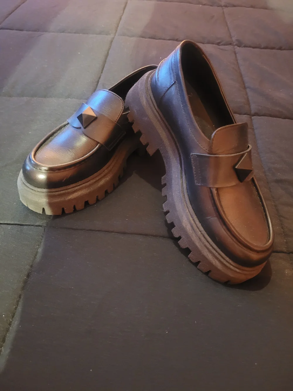 Black Chunky Lug Moccasin Loafers